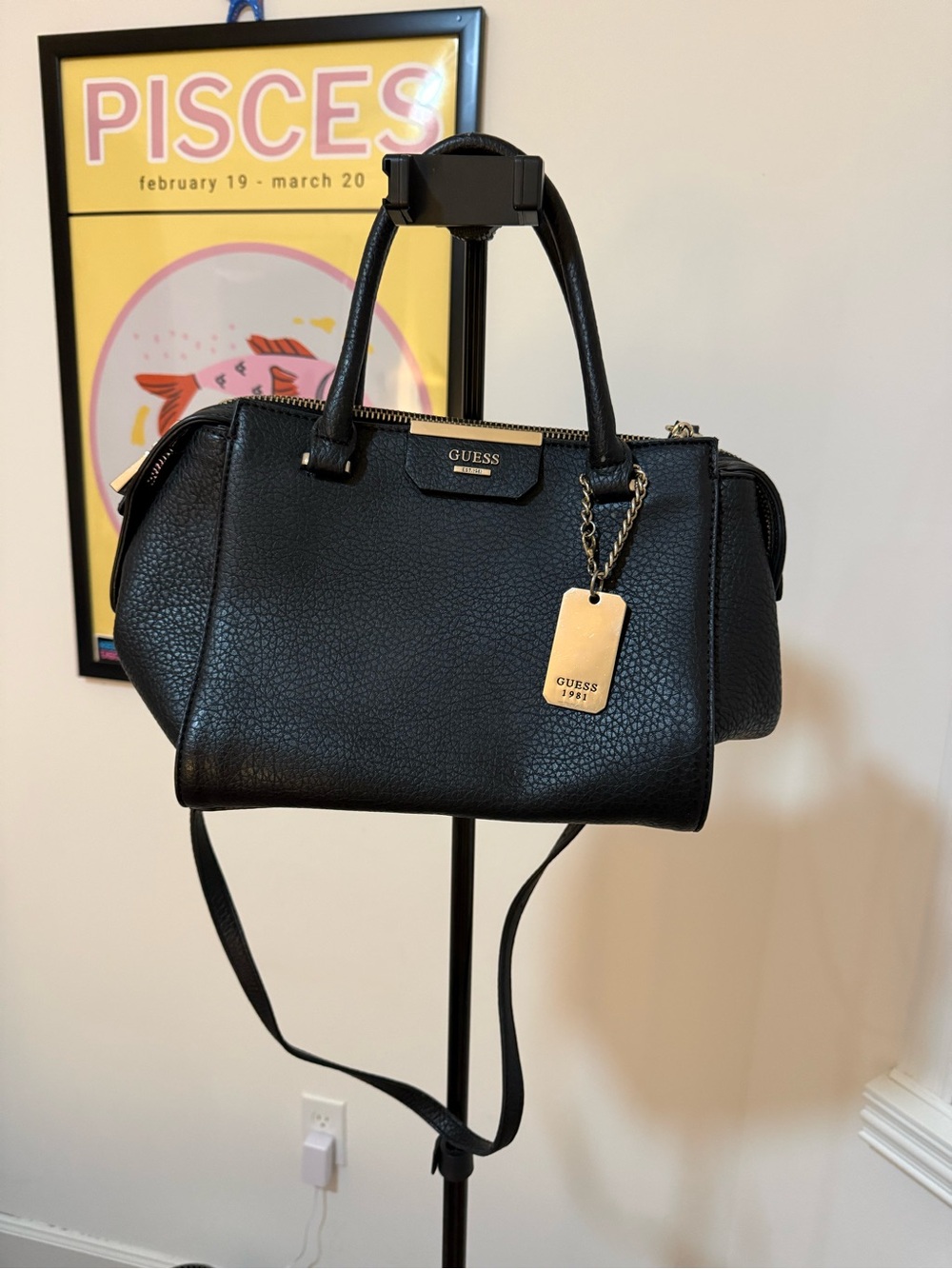 GUESS Black Textured Leather Satchel with Silver Tag